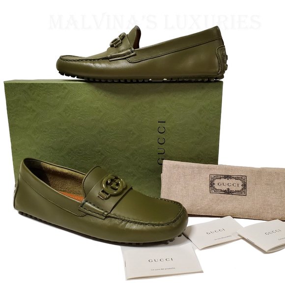 GUCCI SHOES MENS LOAFERS MOCCASINS G LOGO GREEN LEATHER sz 9G 9.5 - Picture 3 of 15